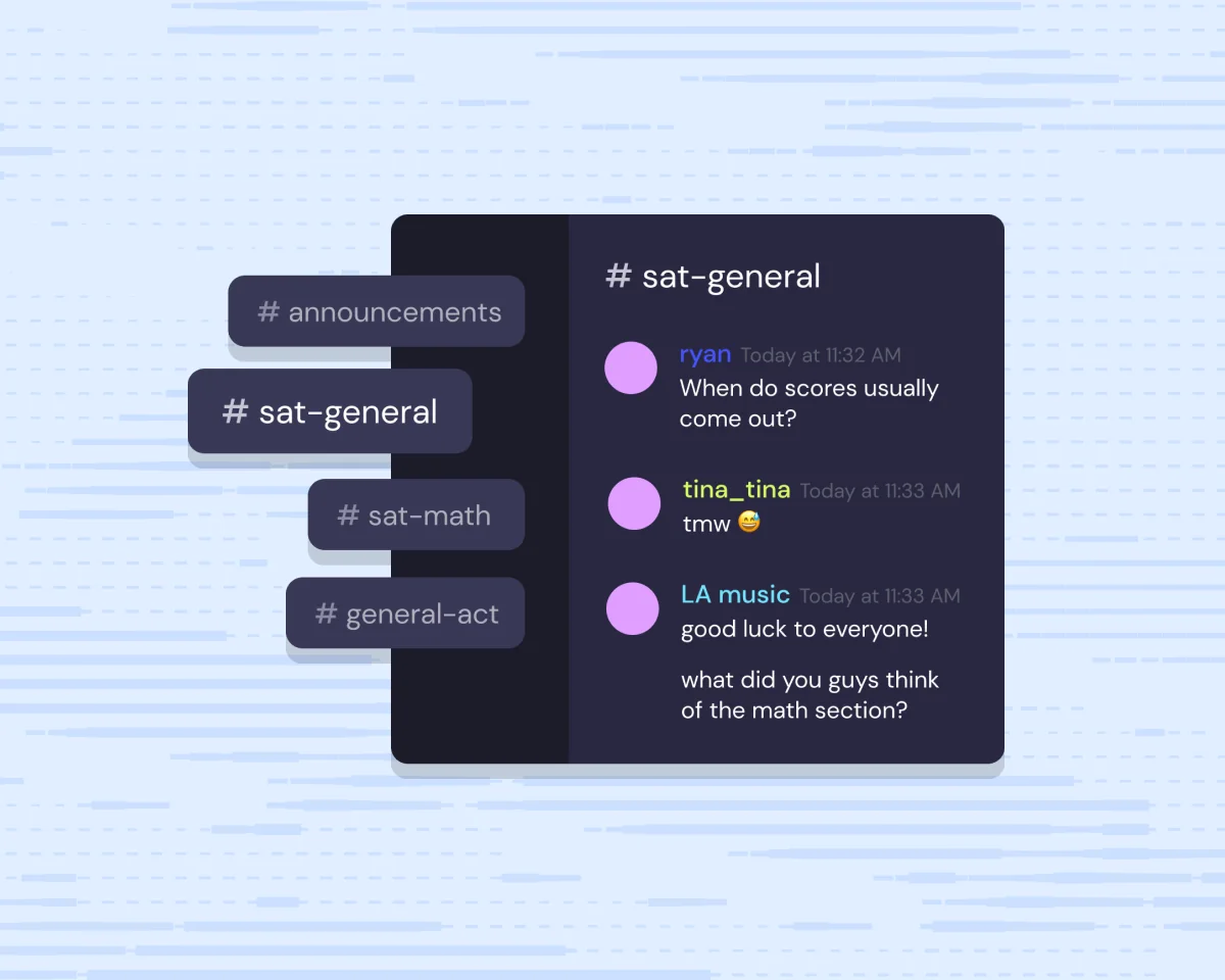 Discord-style community chat with SAT channels and messages about scores and the math section